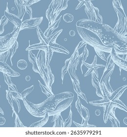 Underwater world clipart with sea animals whale, starfish, bubbles and algae. Graphic illustration hand drawn in white ink. Seamless pattern on a blue background EPS vector