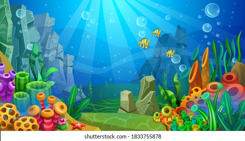 Underwater world of colorful algaes, coral, sponges, stones and fishes are on the seabed.