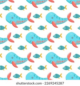 Underwater world colorful baby seamless pattern. Background with sea fish and whale. Bright digital paper with ocean inhabitants. Print characters for wallpaper, textile, paper and design, vector