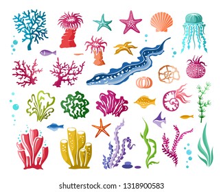 Underwater world colorful design elements collection. Marine wildlife silhuettes set. Seaweed, corals, shells and fishes.