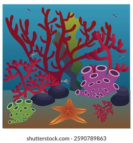 Underwater world. Colorful ocean bottom with underwater inhabitants. Seascape. Vector illustration.