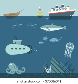 underwater world, colorful vector background