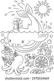 Underwater world coloring book. Fish contour. Children's illustration. Animals cartoon. Children's coloring book. Sea creatures drawing