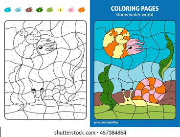Underwater world coloring page for kids, snail and nautilus. Printable design coloring book. Coloring puzzle with numbers of color. Black and white draw with color example.