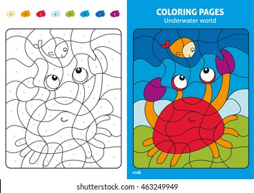Underwater world coloring page for kids, fish and crab. Printable design coloring book. Coloring puzzle with numbers of color. Black and white draw with color example.