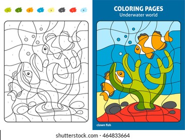 Underwater world coloring page for kids, reef fish. Printable design coloring book. Coloring puzzle with numbers of color. Black and white draw with color example.