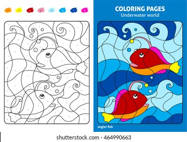 Página de coloreo del mundo submarino para niños, peces pescadores. Libro de coloreado de diseño impreso. El puzzle de color. Dibujo en blanco y negro con ejemplo de color.