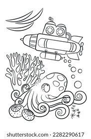 Underwater world coloring page. Octopus outline. Sea creatures drawing