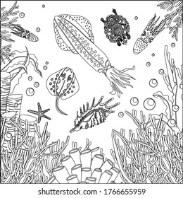 Underwater World coloring page. Squid and seaweed. Antistress coloring book