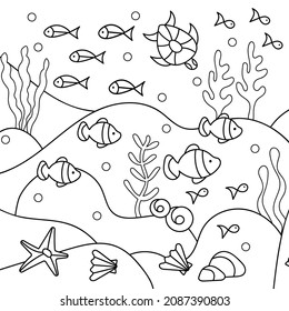 Underwater world coloring pages. Algae fish sea turtle shells. Hand-drawn Vector coloring book, background