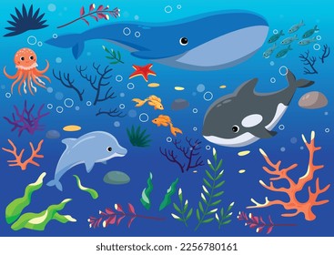 Underwater world concept. Poster or banner, background for website. Dolphin, whale, medusa, octopus and starfish. Biology and zology, marine life and fish. Cartoon flat vector illustration