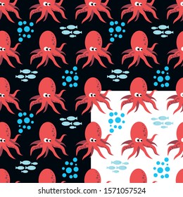 Underwater world concept. Two vector seamless patterns with octopus on white and dark background with other little blue fish. Marine life creatures.  Textile, wallpaper, wrapping paper, print and fabr