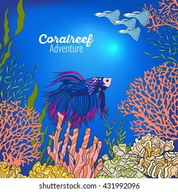 Underwater world coral reef. Banner with space for text. Corals, fish and seaweeds. Colored vector illustration.