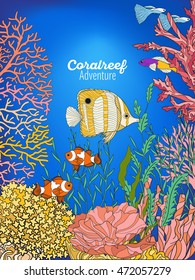 Underwater world coral reef. Banner with space for text. Corals, fish and seaweeds. Colored vector illustration.