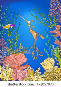 Underwater world coral reef. Corals, fish and seaweeds. Colored vector illustration.