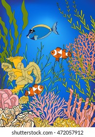 Underwater world coral reef. Corals, fish and seaweeds. Colored vector illustration.