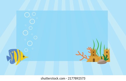 Underwater world with a coral reef, and the silhouette of fish on a blue sea background. Panoramic bright seascape. Vector illustration