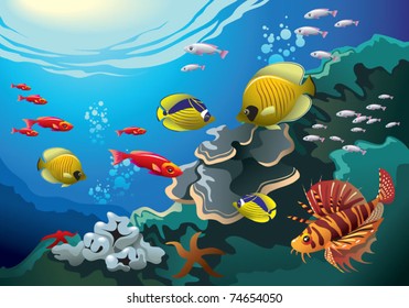 Underwater world, coral reefs beneath the sea, many bright colored fishes, vector illustration