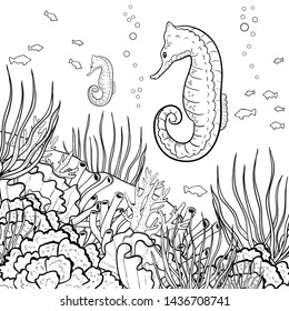 Underwater world with coral reefs and sea-horse, outline, vector image