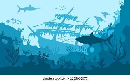 underwater world. Coral reefs. Tropical sea with water mimicry and its inhabitants. Silhouette of fish. Vector.