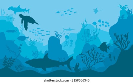 mundo submarino. Arrecifes de coral. Mar tropical con imitación de agua y sus habitantes. Silhouette de pescado. Vector.