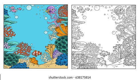 Underwater world with corals, anemones and fish coloring page on white background