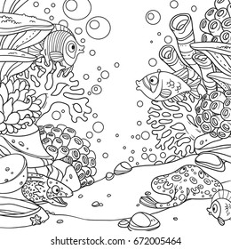 Underwater world with corals, anemones, moray eels and ramp outlined on white background