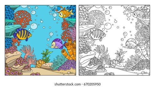 Underwater world with corals, fish, algae and anemones coloring page coloring page on white background