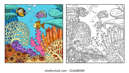 Underwater world with corals and fish color and outlined for coloring page on white background