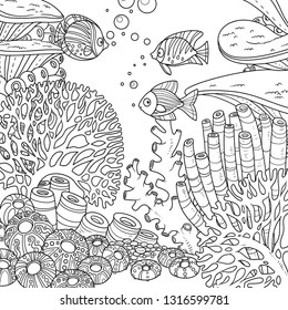 Underwater world with corals and fish outlined for coloring page on white background