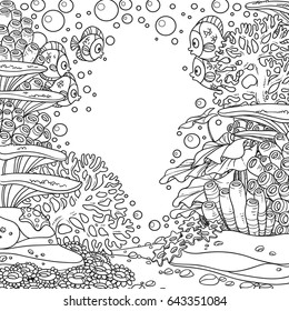 Underwater world with corals and fishes outlined isolated on white background