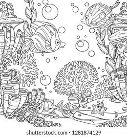 Underwater world with corals, seaweed, anemones and fishes outlined isolated on white background