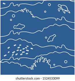 Underwater world with corals, seaweed and anemones outlined isolated on a blue background