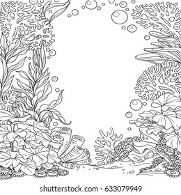 Underwater world with corals, seaweed and anemones outlined isolated on a white background