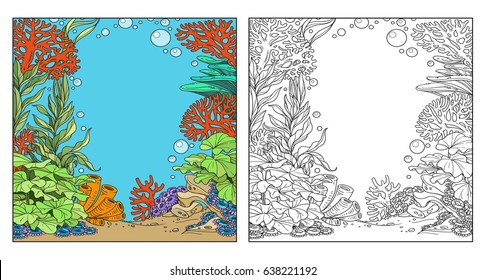 Underwater world with corals, seaweed and anemones coloring page on white background