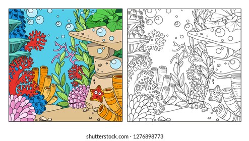 Underwater world with corals, starfish and anemones color and outlined isolated on white background