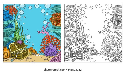 Underwater world with corals and treasure chest coloring page on white background