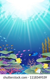 Underwater world with corals and tropical fish