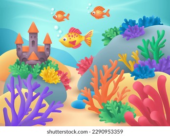 Underwater world with cute fish characters 3D illustration. Drawing of corals underwater, sea creatures swimming around sandcastle in 3D style on white background. Summer, nature, wildlife concept