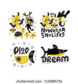 Underwater world. Cute vector illustration with lettering. Nursery print