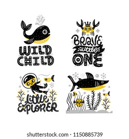 Underwater world. Cute vector illustration with lettering. Nursery print