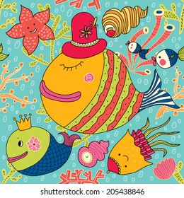 The underwater world. Cute vector seamless pattern.
