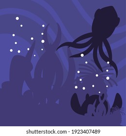 underwater world dark silhouette octopus and stingray vector cartoon illustration