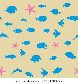 Underwater world in deep ocean. Silhouette of different fishes. Seamless vector EPS 10