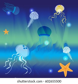 Underwater world. Depths of the sea, starfish, various jellyfish. Vector illustration.