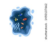 Underwater world design with coral reef fishes in paper cut style. Exotic aquarium vector illustration. Deep blue marine life, diving business. Ocean underwater wildlife. Caribbean aquatic coral fauna