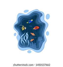 Underwater world design with coral reef fishes in paper cut style. Exotic aquarium vector illustration. Deep blue marine life, diving business. Ocean underwater wildlife. Caribbean aquatic coral fauna