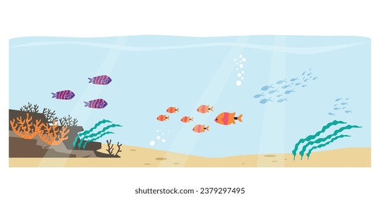 Underwater world: different fishes and various seaweeds scene flat style, vector illustration isolated on white background. Nature and environment, sea or ocean