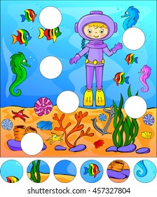 Underwater world with diver. Complete the puzzle and find the missing parts of the picture. Educational game for kids