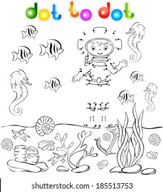 Underwater world with diver dot to dot. Vector illustration